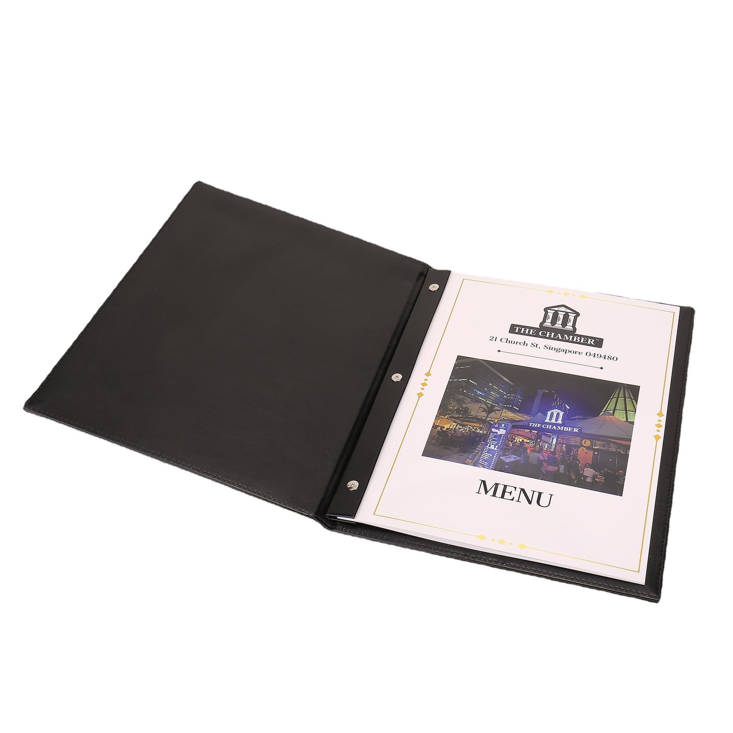 Custom genuine leather bound menu cover for restaurant bar